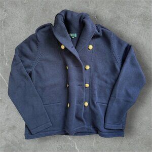 Lauren Ralph Lauren Sweater Womens XL Navy Blue Double Breasted Shawl Collar